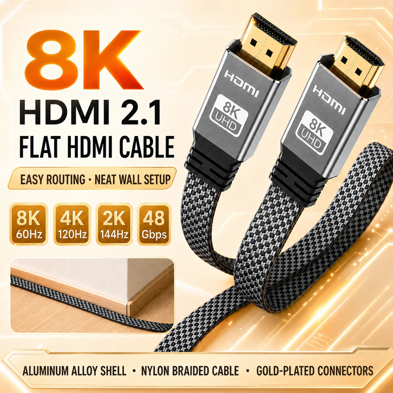 Image of 8K HDMI-Kabel 2.1, flach, nylonummantelt, 48 Gbit/s, Hochgeschwindigkeitskabel, vergoldeter Stecker für HDTV, Monitor, Spielkonsole, 0,5-5 m