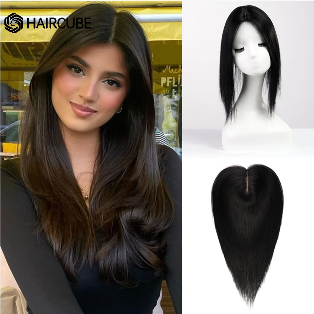 12inch Human Hair Topper Natural Black Real Hair Topper Clip In Hairpiece for Hair Loss Realistic Soft Hair for Women Daily Use