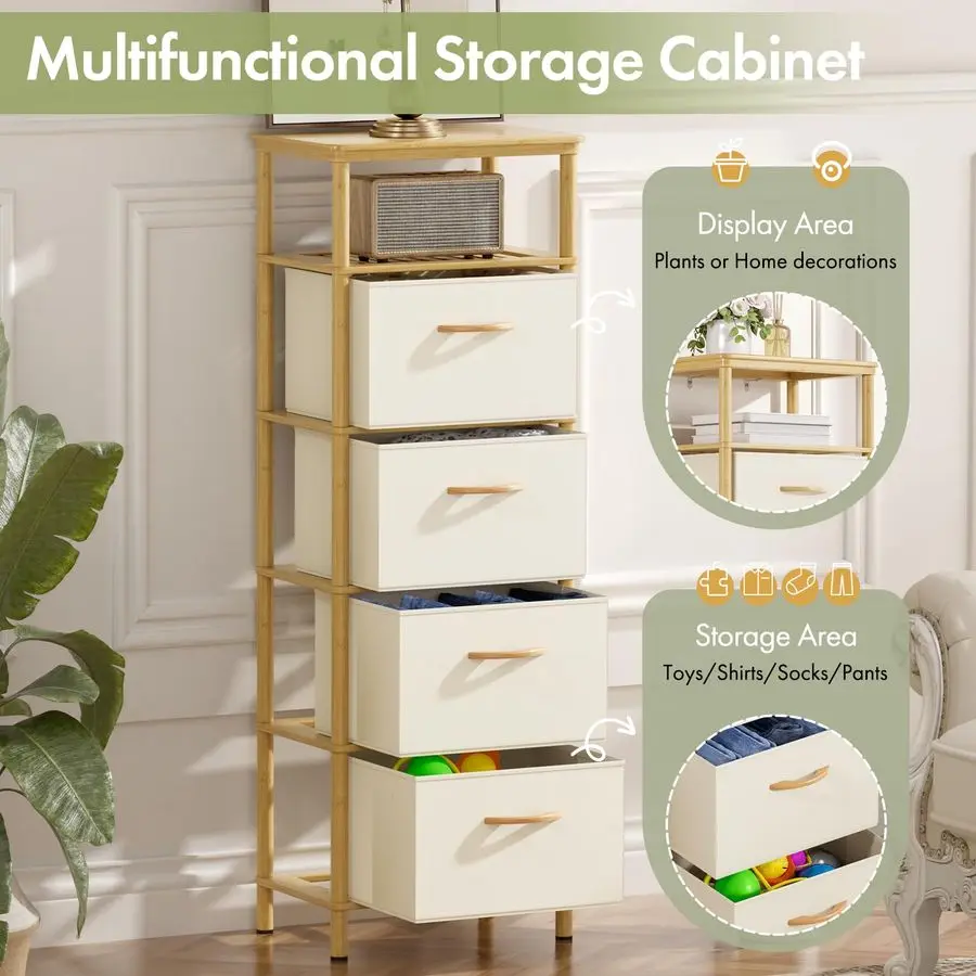 丈夫な竹製の背の高いドレッサー、狭いスペースの収納に最適な細長いドレッサー、4つの大きな防水生地の引き出し、小さなドレッサー、寝室用