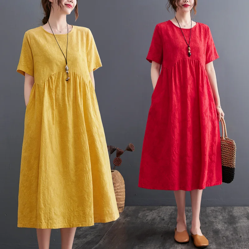 Summer New Korean Style Artistic Short Sleeve Cotton Linen Midi Dress Women's Loose Waist round Neck A-Line Dress Casual