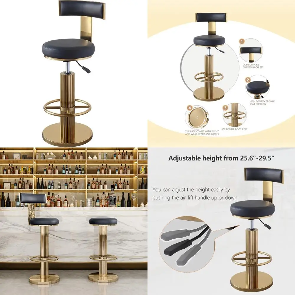 

Modern Adjustable Swivel Bar Stools with Backrest, Comfortable Cushioned Seats and Metal Legs in Black