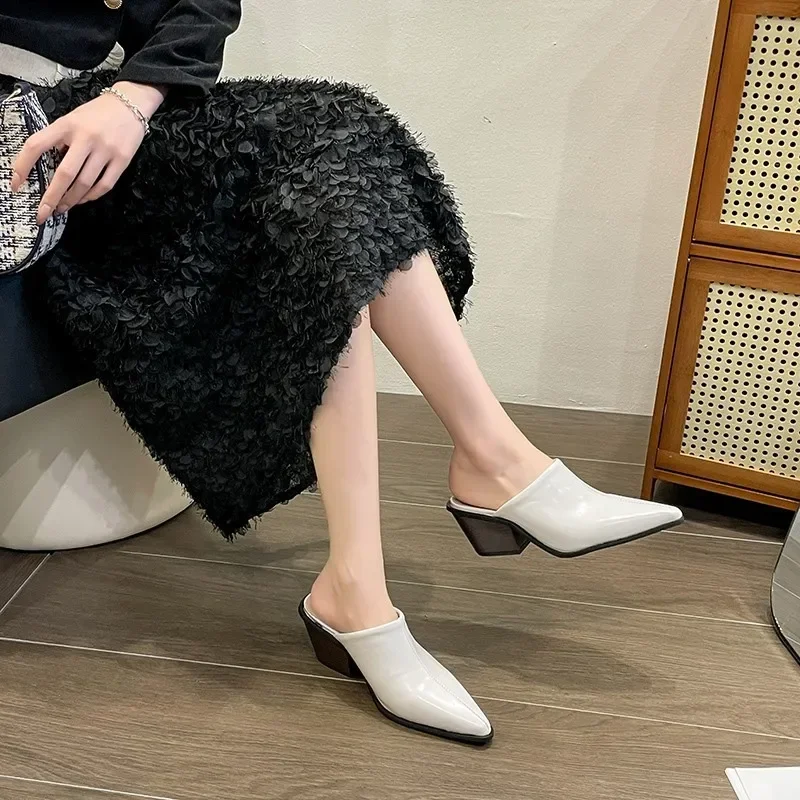 2024 Spring Summer New Slippers Sexy Pointed Toe Slip on Shoes Mules Female Fashion Thick Heel Outdoor Dress Sandals
