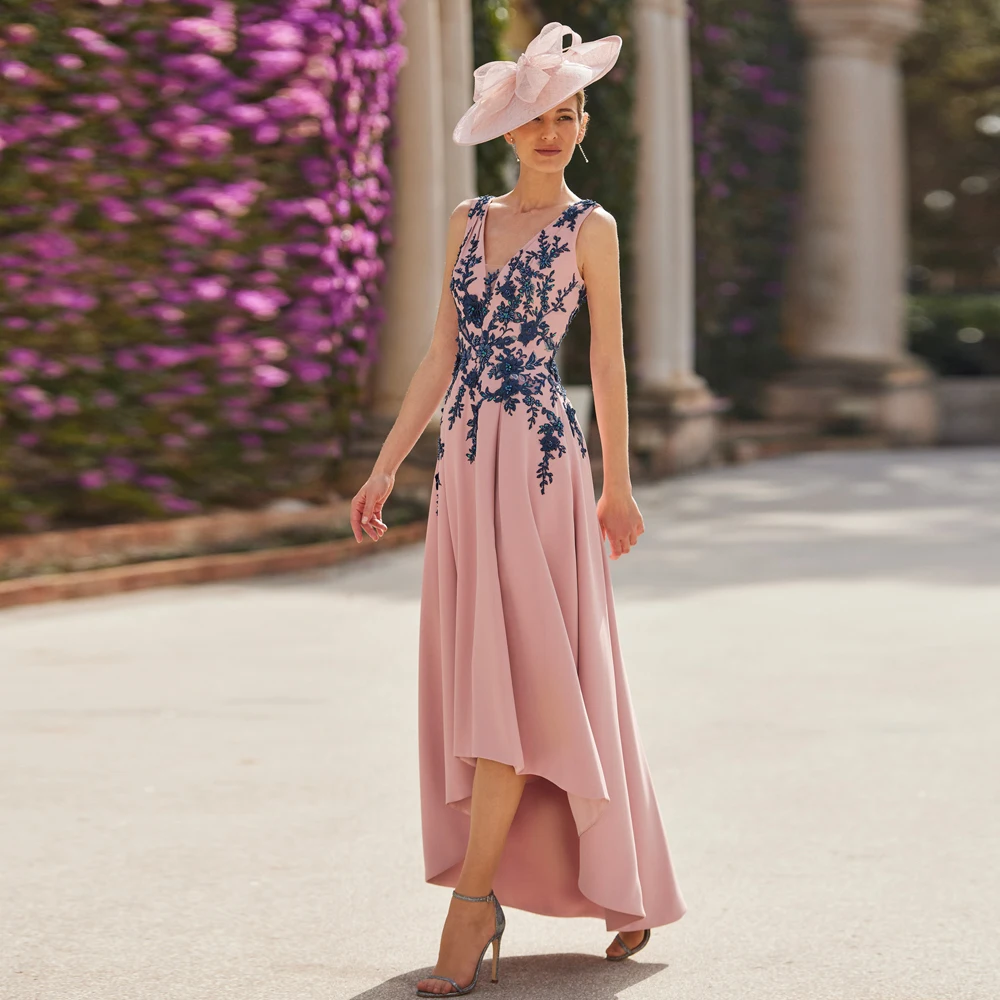 

Elegant Pink Mother of the Bride Dresses V Neck Sleeveless Wedding Party Gowns Appliques Ankle Length A-Line فساتين السهرة