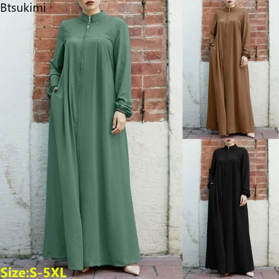 2025 mulheres muçulmanas manga longa casual kaftan vestidos árabes moda gola eid ramadan abayas zíper cardigan robe feminino