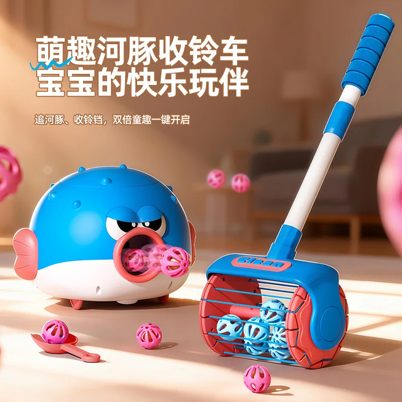 Kids Puffer Fish Ball Collecting Car Push Toy with Ball Launcher, Educational Push Along Walker Toy for Kids Birthday Christmas