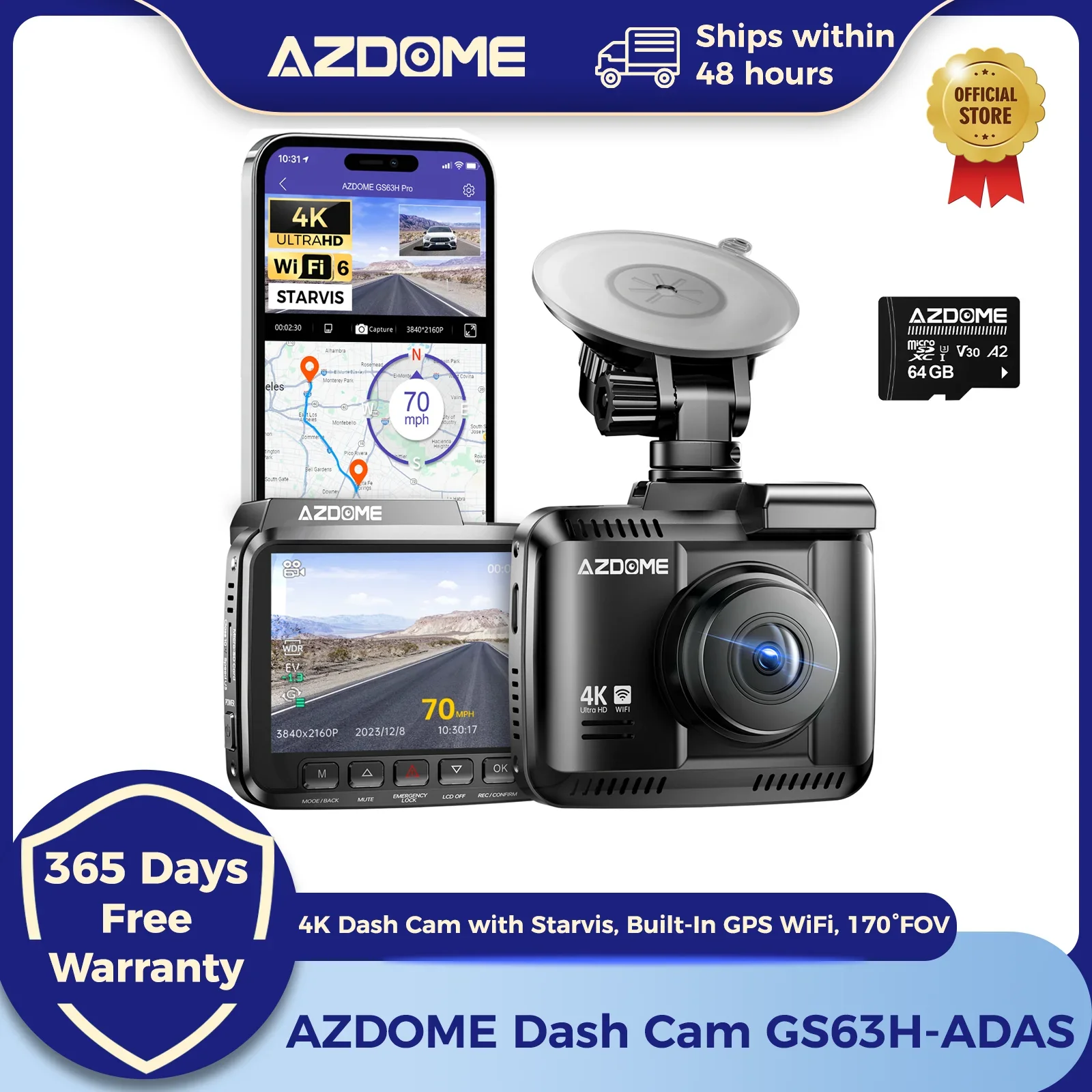 AZDOME GS63H Dash Cam 4K Integrierte GPS Wi-Fi Dash Auto Kamera mit Starvis 2,4" Bildschirm WDR