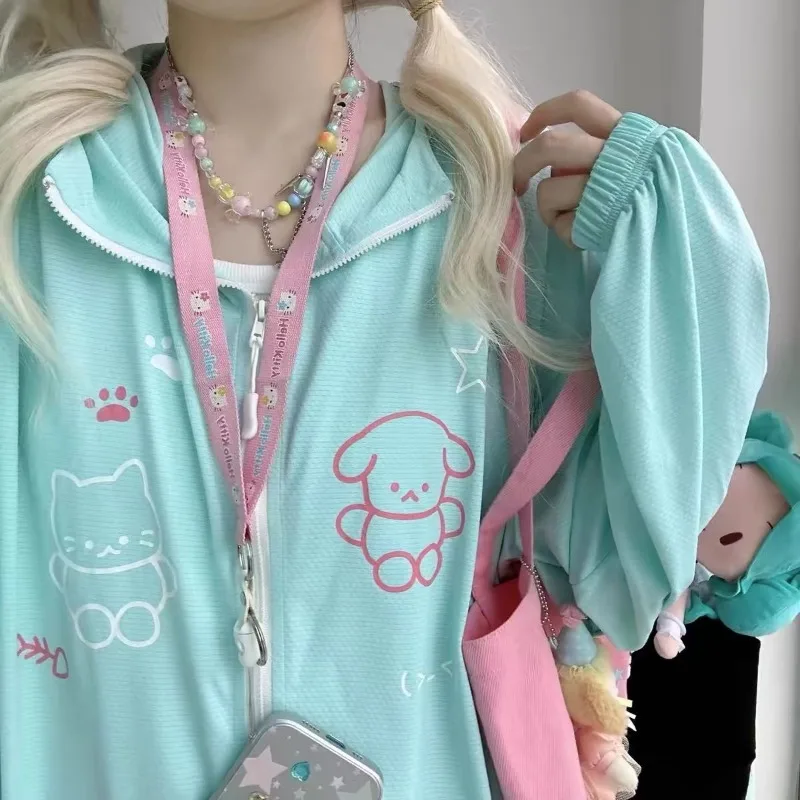 Women Cardigan Jacket Cute Kawaii Prints Zipper Sweatshirt Hooded Coats Pink Sunbreakers Tops Woman Clothing Y2K Streetwear Thin