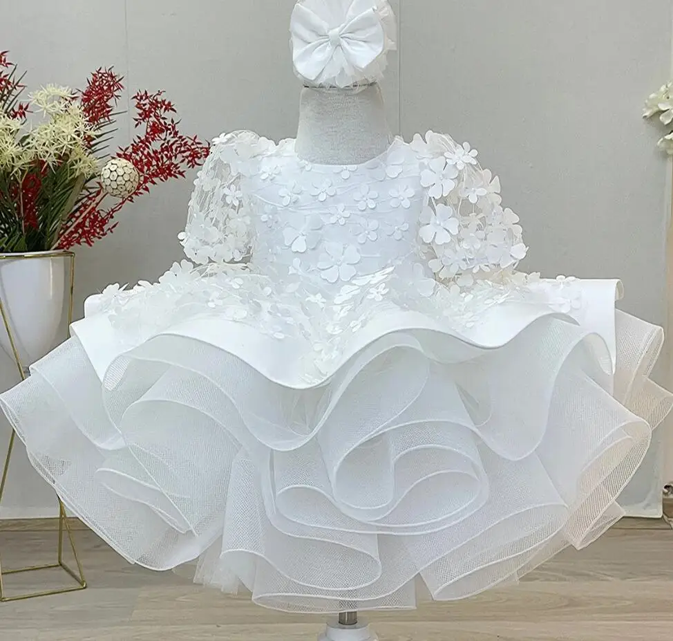 Puffy Applique Flower Girl Dress Short Sleeve White Baby Kids Birthday Prom Baptism Princess Ball Gown First Communion Dress