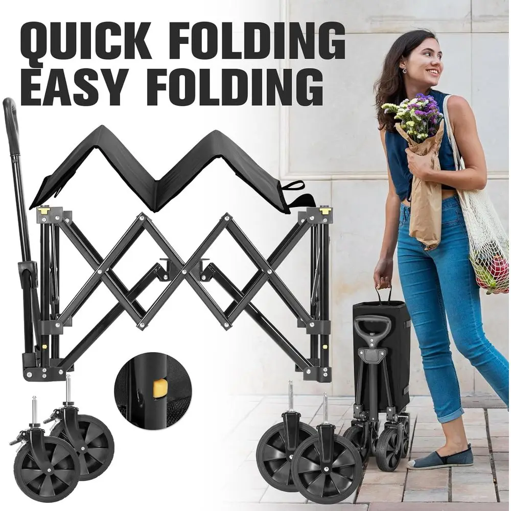 عربة أدوات محمولة شديدة التحمل قابلة للطي مع عجلات كبيرة للشاطئ والحديقة والبقالة والتخييم والرياضات الخارجية باللون الأسود