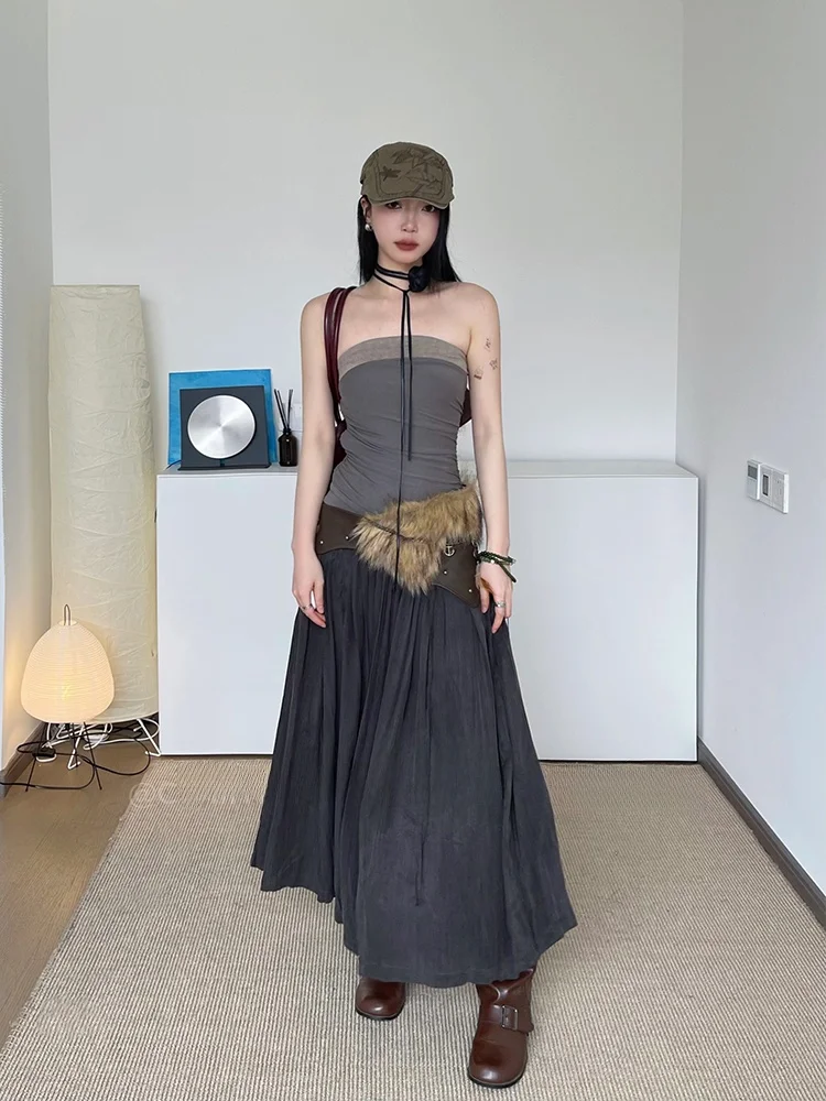 Vestido Largo Plisado con Escote Tubo Camila Artistic Splice para Mujer, Falda Larga de Verano con Corte en A, Vestido Maxi E...