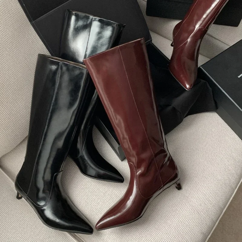 3.5cm Knee Boots Kitten Heels Pointed Toe Sewing Leather Botas Burgundy Black Elegant Office Style Versatile Fashion Modern Shoe