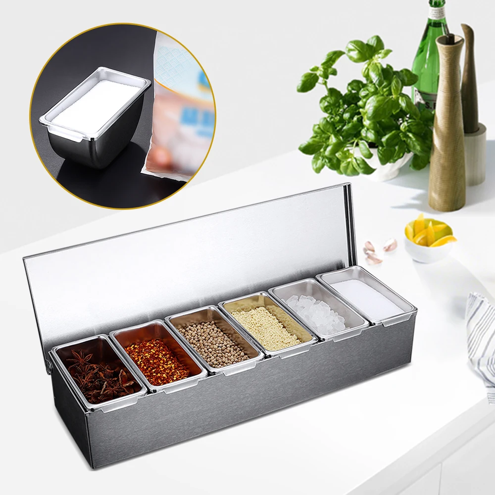 6 Grids Stainless Steel  Seasonings Boxes Spice Container Ingredient Container with Lid for Kitchen