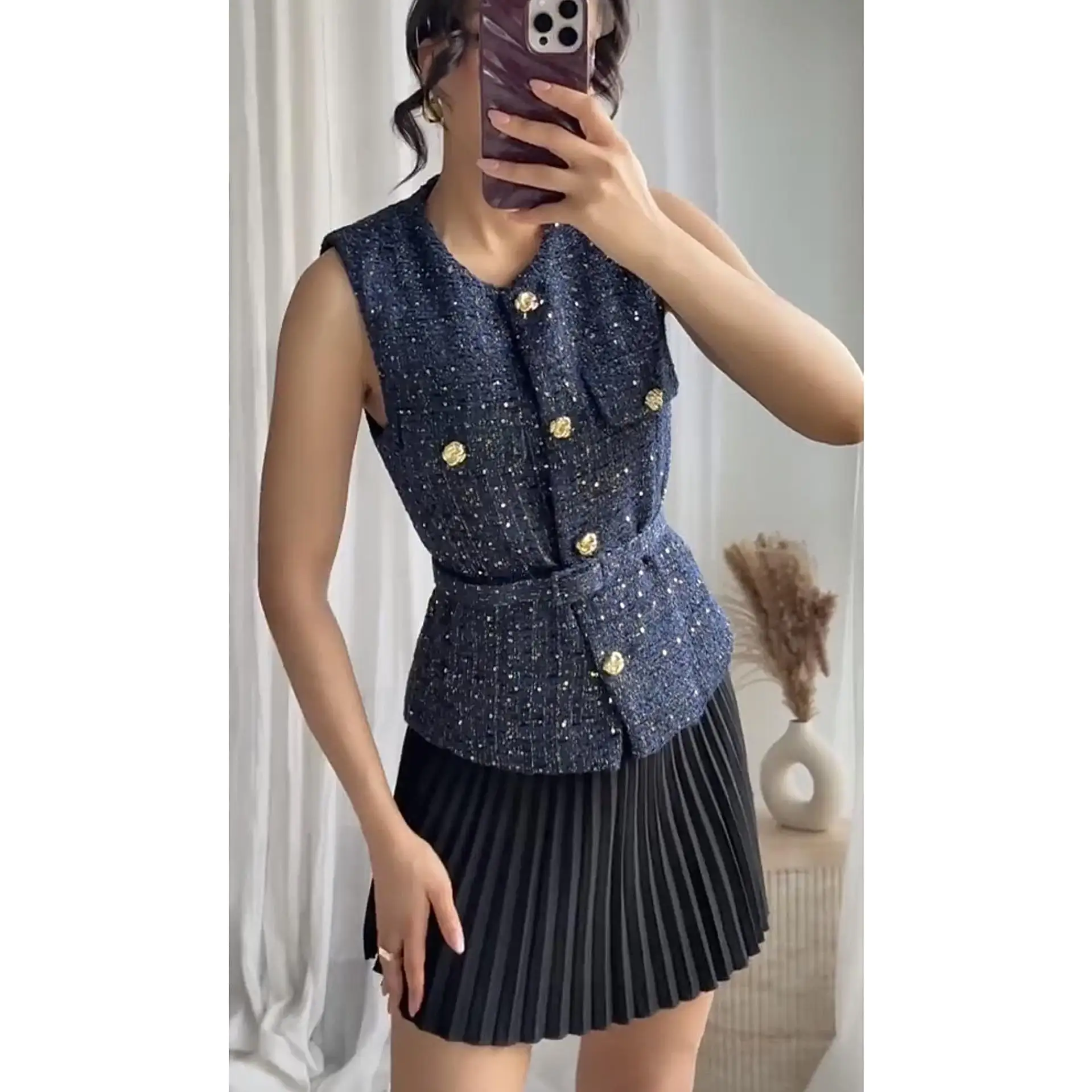 

Women's Belted Pearl Embellished Textured Vest Top Short A-Line Narrow Strap Base Layer Spring 2025 Color