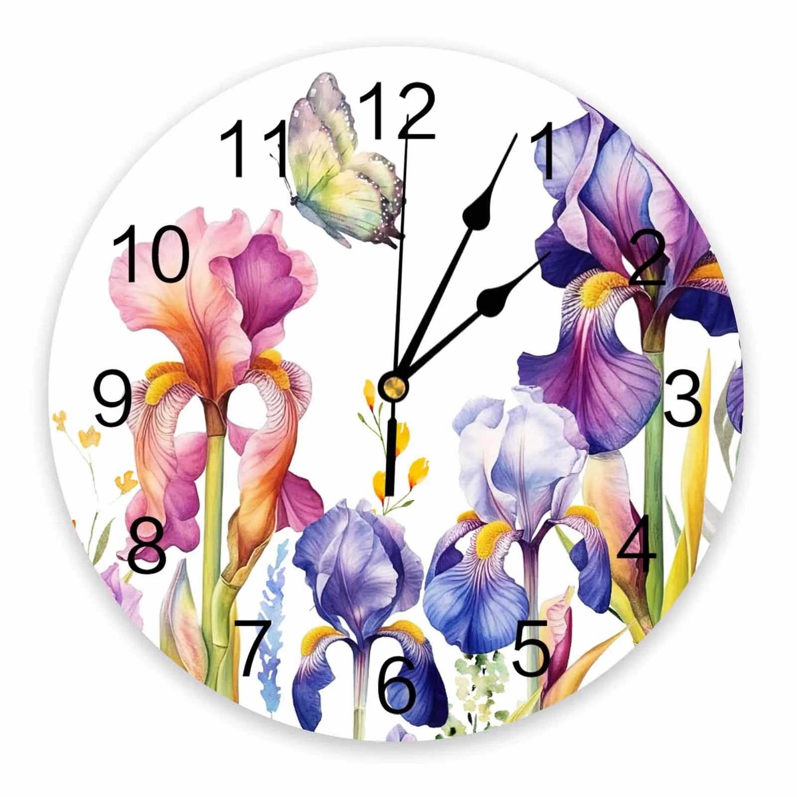 Easter Iris Plant Butterfly Printed Wall Clock Modern Silent Clock Living Room Home Decor Wall Hanging Watch