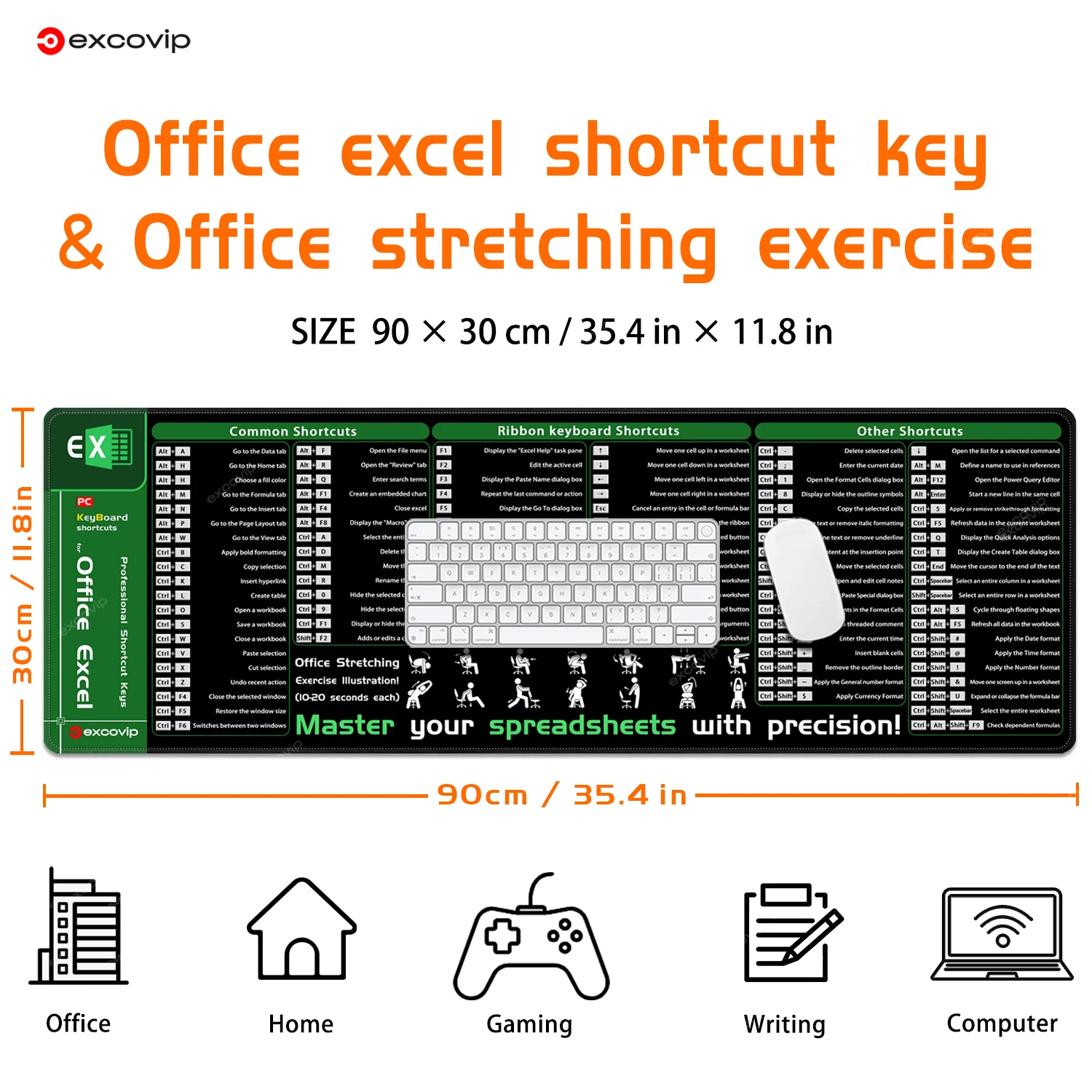 EXCO Excel Mouse Pad Large Shortcuts Cheet Sheet Keyboard Mousepad Stitched Edge Non-Slip Base Computer Desk Mat for Home Office