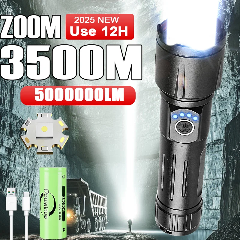 

5000000LM Самый мощный светодиодный фонарик, перезаряжаемый тактический фонарь 3500 м, ультра яркие фонарики, уличный фонарь для кемпинга