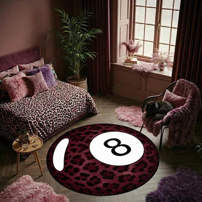 Round Living Room Carpet Non-slip Machine Washable Soft Floor Mat Large Size Leopard Print 8-ball Pattern Rug Home Decor Mats