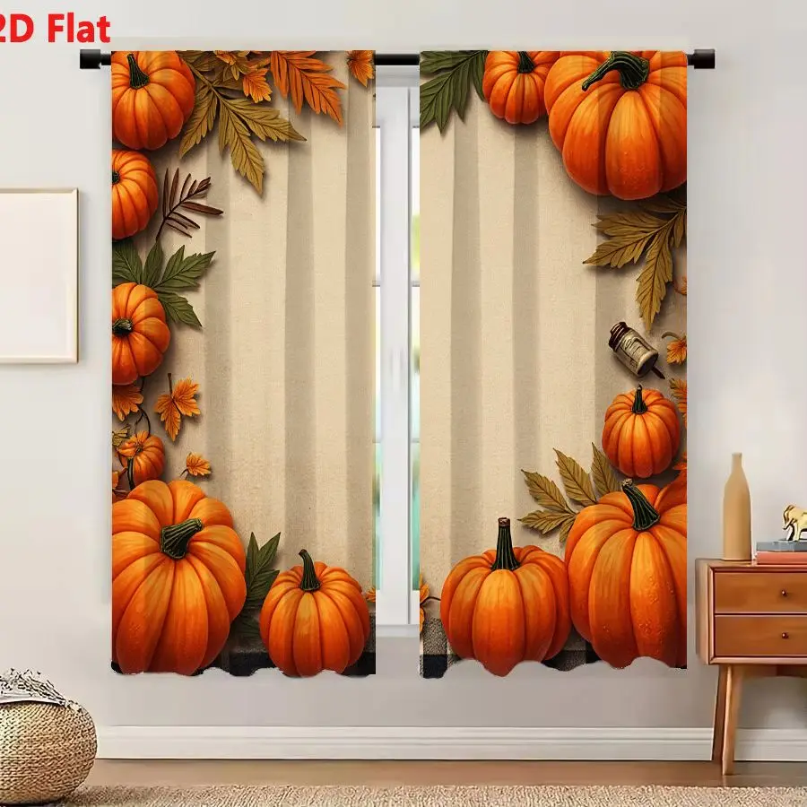 2Pcs Curtains 2D Flat Autumn Orange Pumpkins Arrangement With Leaves Flowers Glass Bottle And Checkered Fabric Background Window