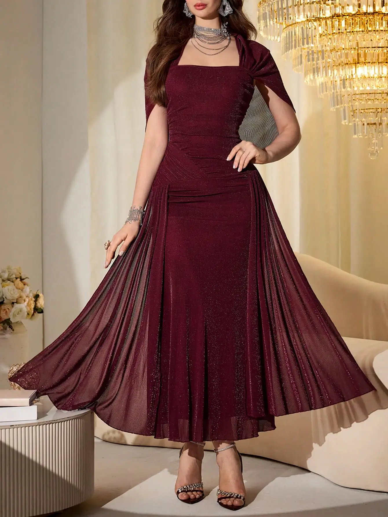 

Elegant Mesh Shawl Sleeve Fitted Long Dress For Women Spring Autumn