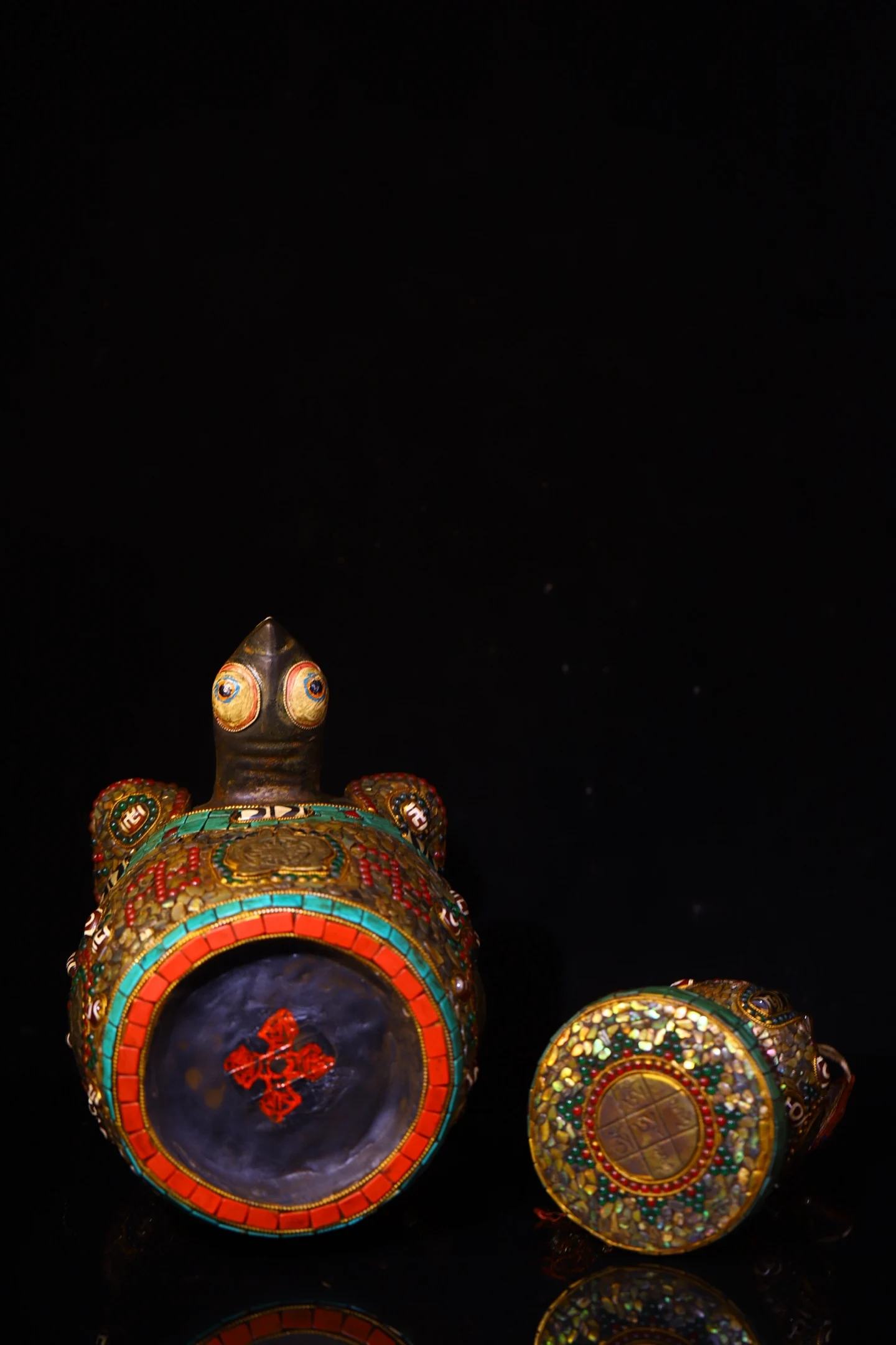 

15"Xizang Folk Collection Old Natural Meteorite Mosaic Gem gZi Beads Turquoise Shell Turtle Statue Crystal Buddha Pagoda