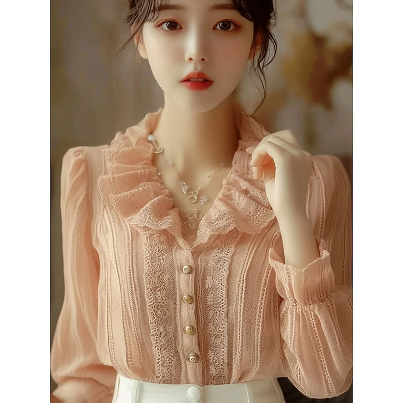 

Зимняя оранжево-розовая кружевная рубашка с лацканами для женщин, модный кардиган, шикарные женские топы, кавайная повседневная сексуальная женская одеждаXQ139