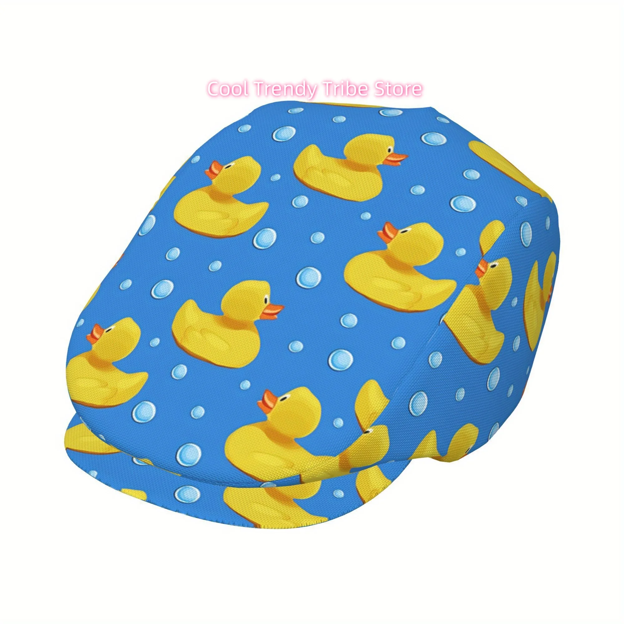 1pc Cute Yellow Rubber Duck Beret Hat - Full Face Print (Ducks & Bubbles), Lightweight Adjustable Fit, Soft Breathable Polyester