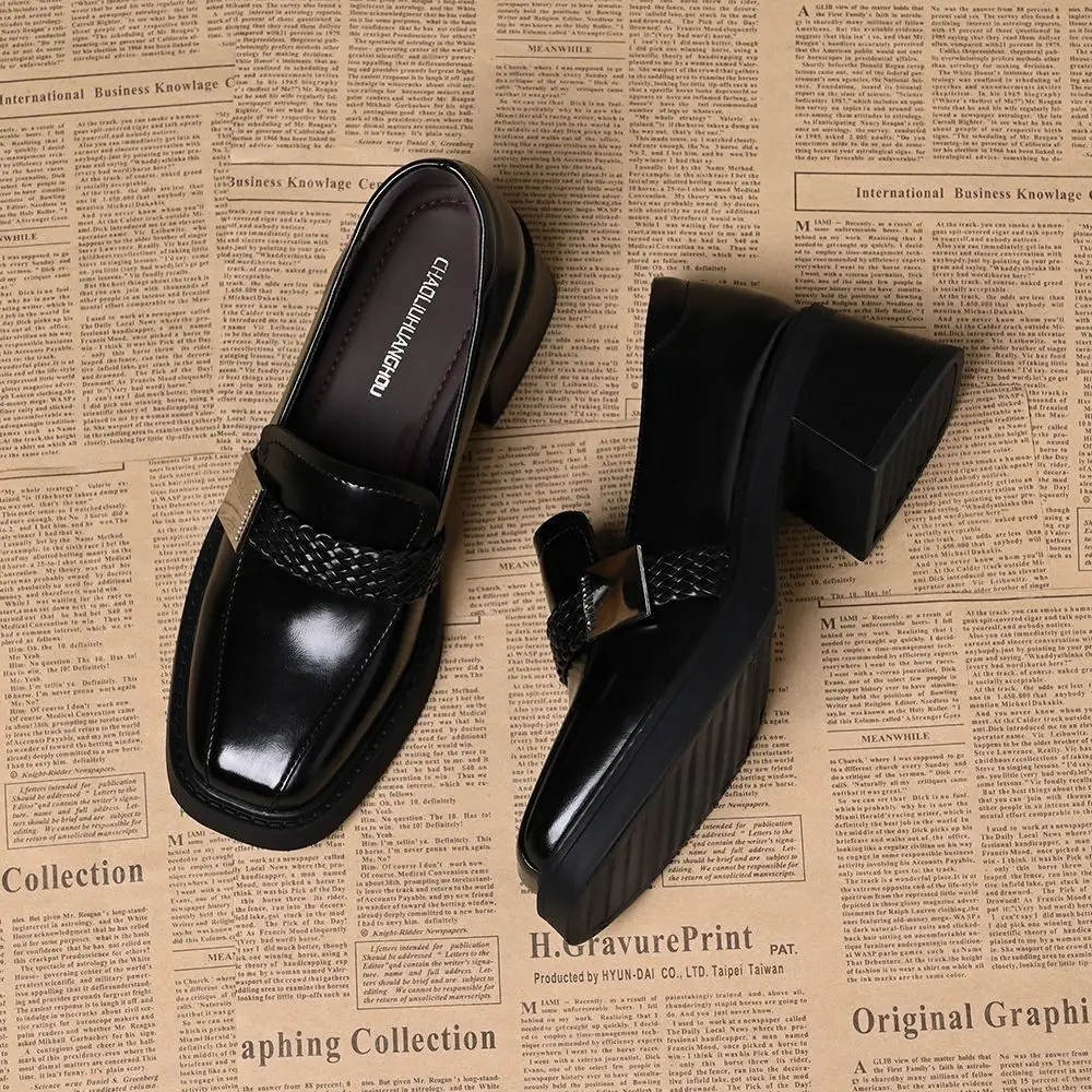 

Women British Style Square Toe Loafers 2026 New Chunky Heel Belt Buckle Closed Toe Dress Shoes Spring Autumn