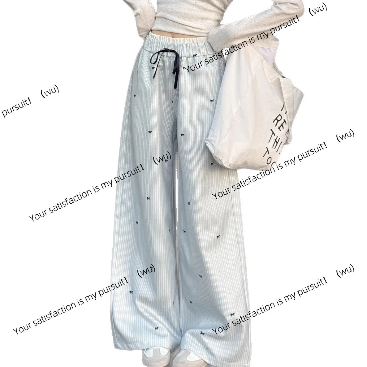 Pantalones de pierna ancha a rayas azules coreanos, pantalones casuales rectos de cintura alta de verano para mujer, pantalones de nicho con sentido de diseño