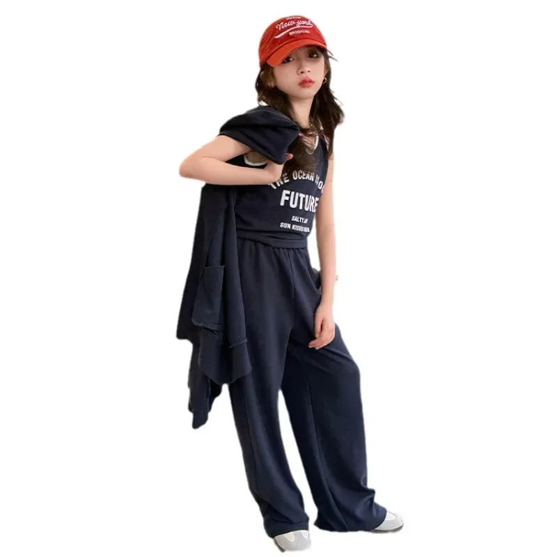 2024 Spring  Clothing Set for Girls Girl Fashion Letter Tank Top with Wide Foot Pants Sports Three Piece Set