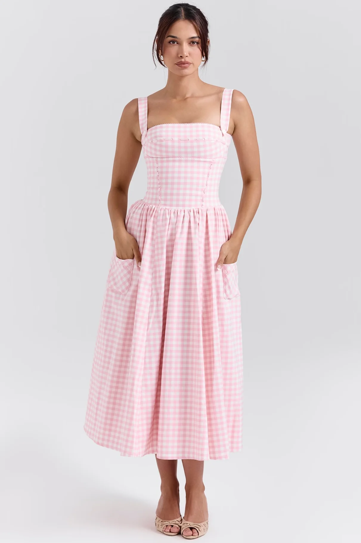 Summer Elegant Beautiful Women Dresses 2024 Midi Pink and White Plaid Dress with Pocket Female Vacation Dress