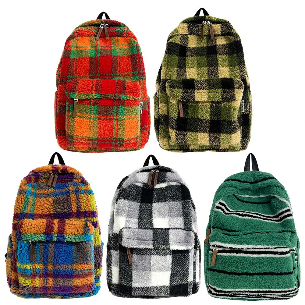 Mochila de pelúcia xadrez para mulheres, lã de cordeiro casual, colour clash, bolsa de escola fofa para meninas, pele sintética, bolsa macia para livros estudantis