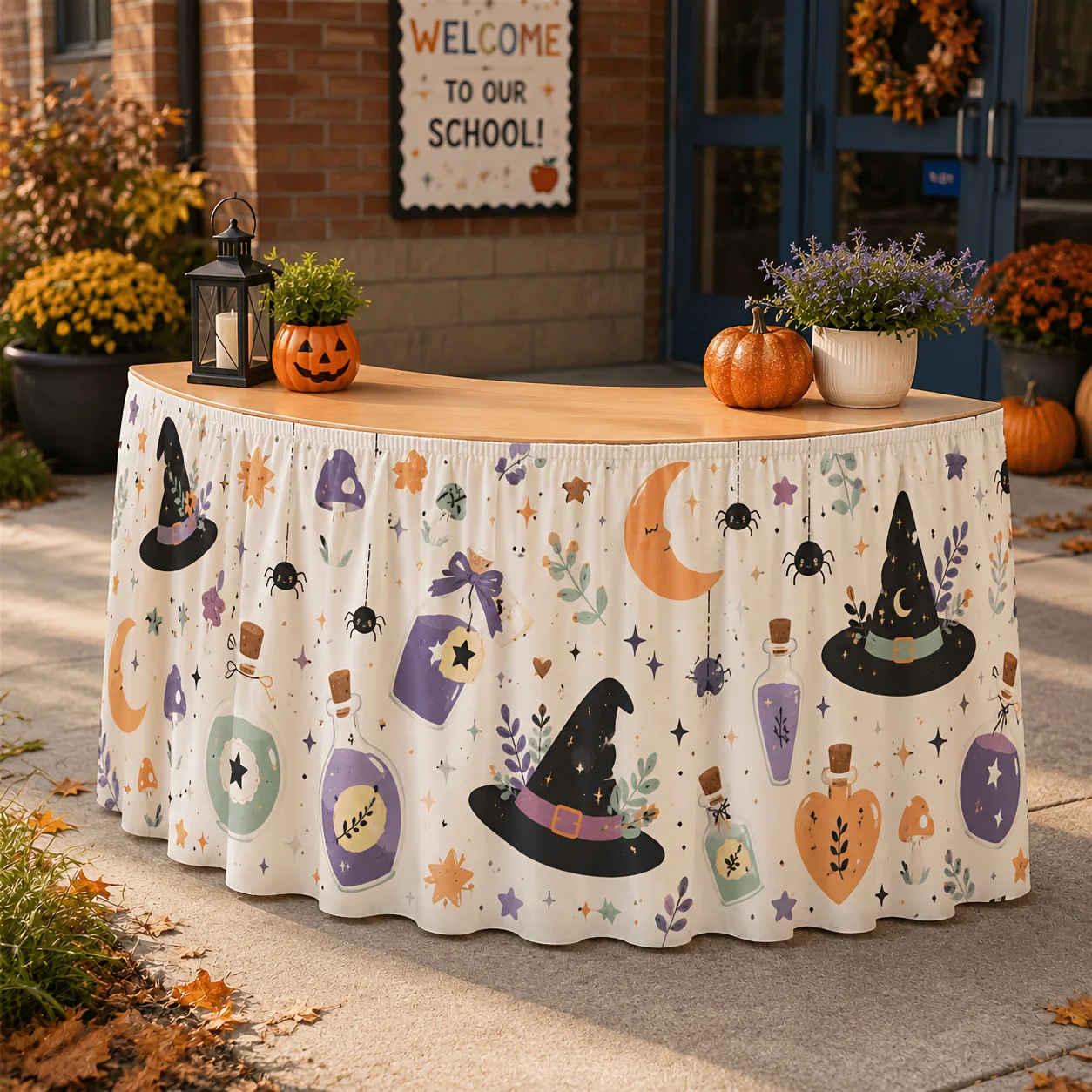 One tablecloth or table skirt, cute witch Halloween table skirt, witch hat, magic potion, midday round mushroomzyc
