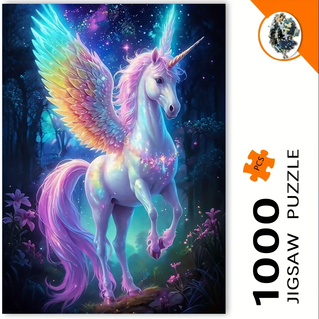 Puzzle fantaisie licorne 1000 pièces, forêt enchantée avec ailes lumineuses, fleurs et étoiles lumineuses, illustration sans bordure