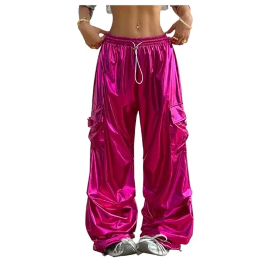 

SHENHE Women's Y2k Metallic Cargo Pants Wide Leg Baggy Hip Hop Dance Rave Joggers Trousers