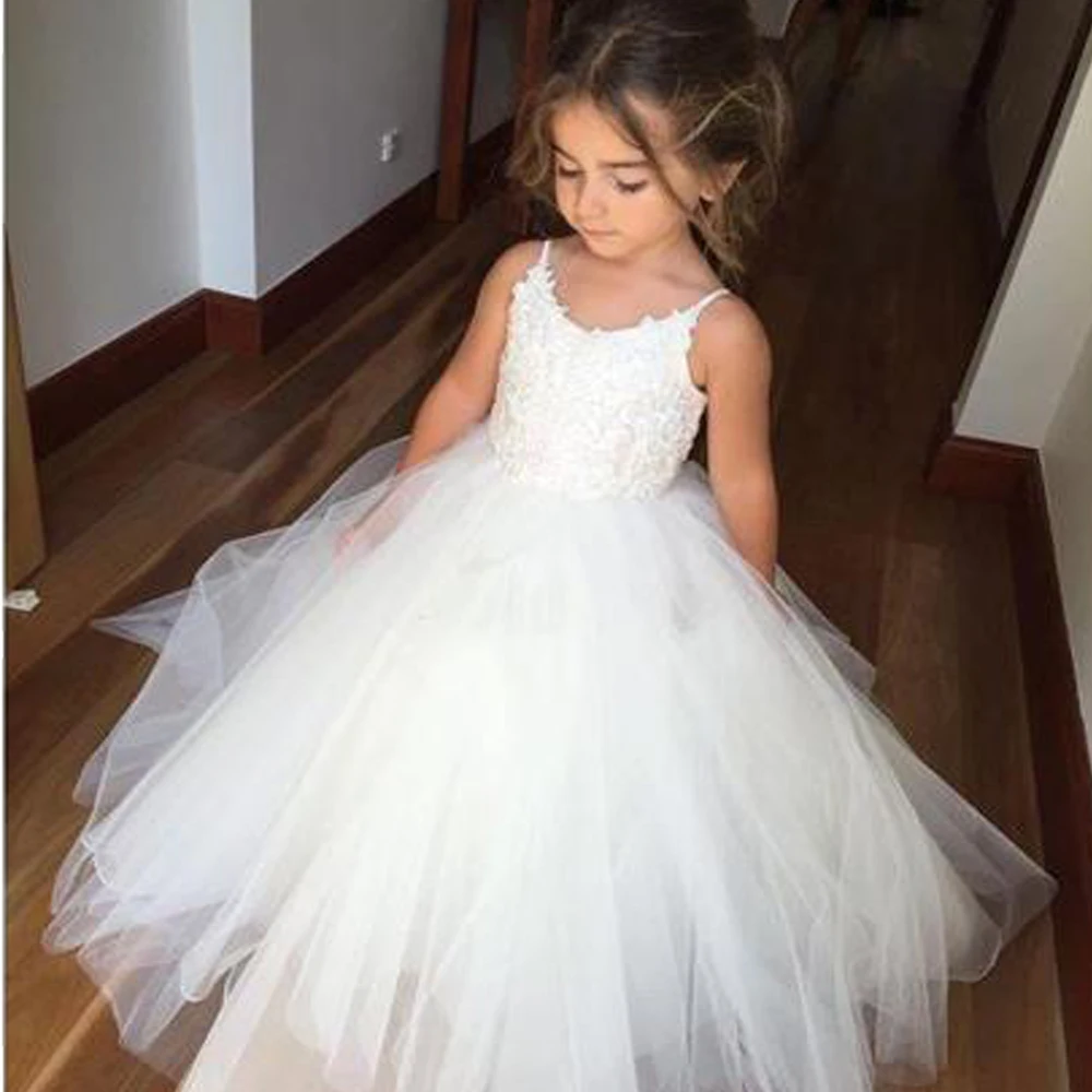 

White Tulle Flower Girl Dresses For Wedding Applique Puffy With Bow Cute Kids Baby Pageant Birthday Party Dress Ball Gowns