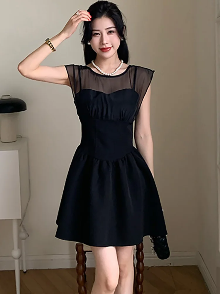 Women Korean Vintage Hepburn Luxury Dress Summer Black Patchwork Mesh Sheer Sexy Dress 2024 Elegant Bodycon Chic One Piece Dress