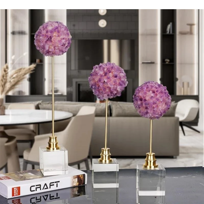 Crystal Flower Natural Amethyst Bulbs Blowball Metal Handicraft Artificial Sculpture Figurine Decorative Figurines