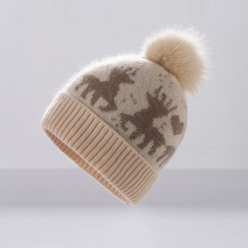 Forest Elk Pattern 100% Pure Cashmere Knitted Hat Autumn And Winter Warm Pom-Pom Beanie Unisex Accessory