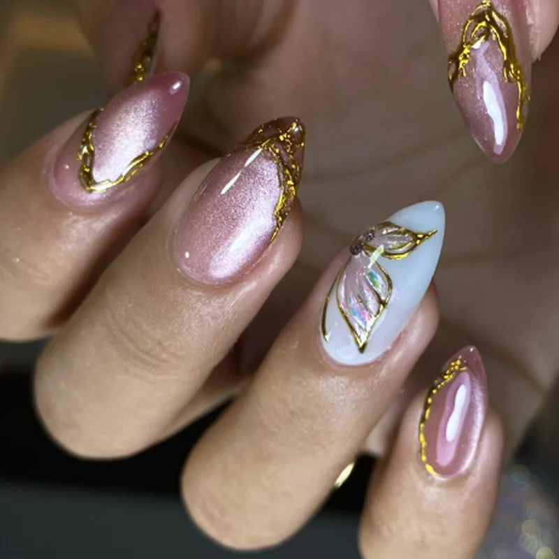Cat Eye Almond False Nails Golden Butterfly Patten Simple French Press on Nails Full Cover Wearable Almond Acrylic Nails Art