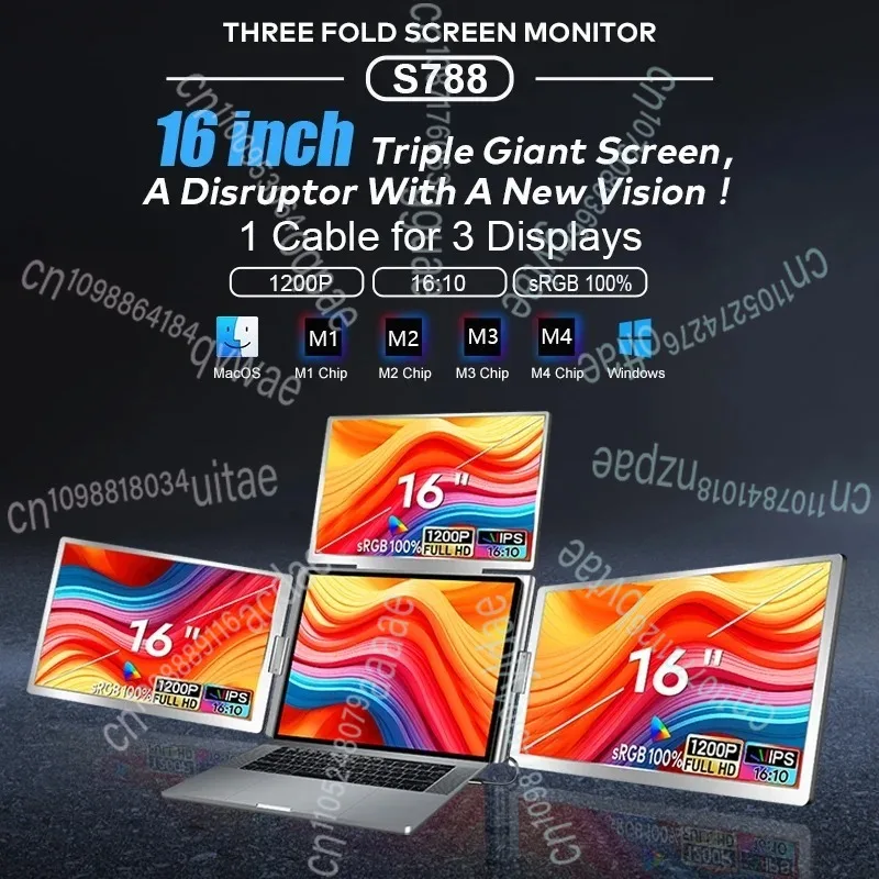 

1200P 16-дюймовый IPS монитор для ноутбука с одним подключением 1 кабель для 3 дисплеев портативный тройной внешний экран для ноутбуков