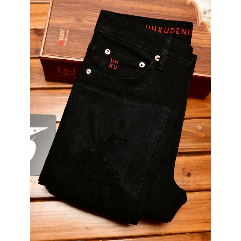 

Черные рваные джинсы, мужские модные уличные трендовые американские красивые ретро ностальгические облегающие джинсовые брюки с маленькими штанинами