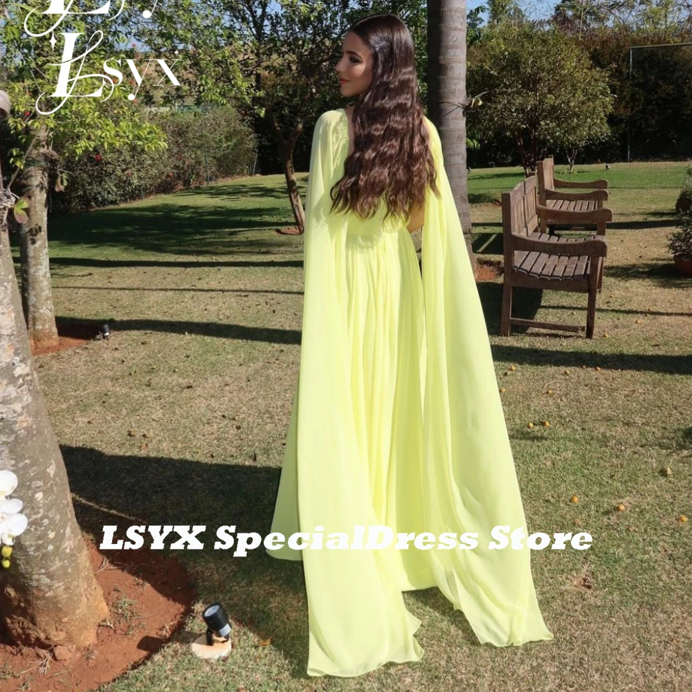 LSYX Saudi Arabia V-neck Chiffon Floor length Evening Dress Cape Sleeves Simple Pleats Ruching A-line Prom Gown