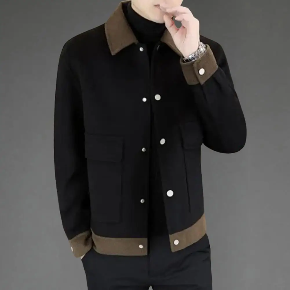 سترة كاجوال محظورة الألوان للرجال معطف صوفي محكم الألوان مع جيوب طية صدر السترة سترة واحدة الصدر لخريف وشتاء #5