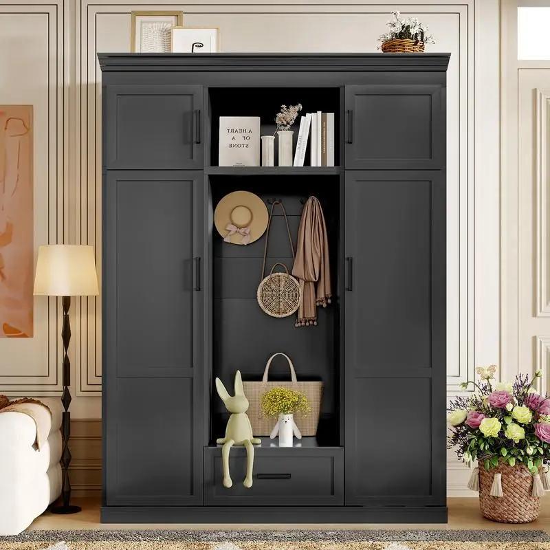 

85.2''H Hall Tree with Bench, 3 Hooks, Modern Entryway Organizer, 4 Doors, 1 Drawer, Adjustable Shelves for Hallway, Living