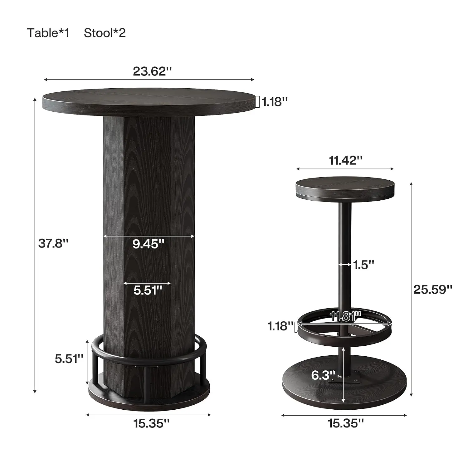 Round Bar Table Set 2 Barstools Industrial Bistro Pub Table Metal Footrest Kitchen Apartment Small Space, Customized