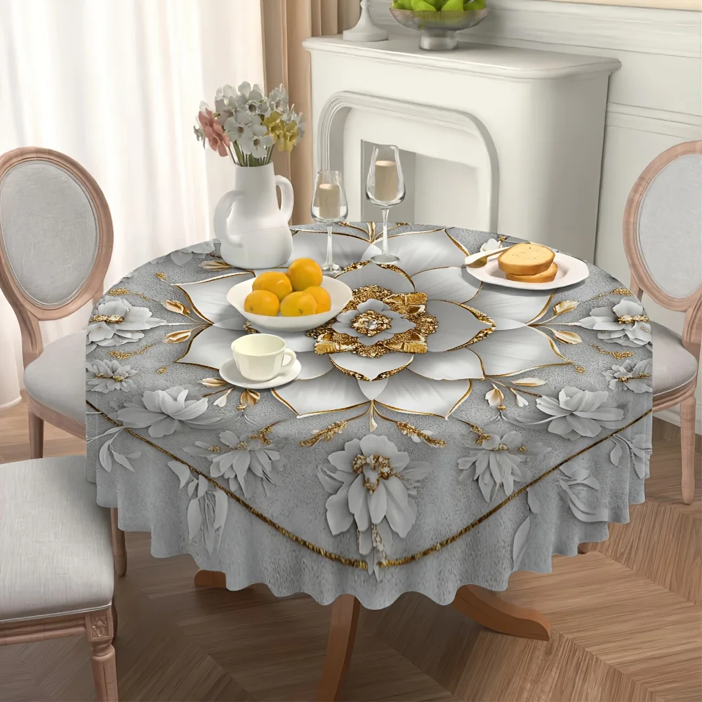 One piece of elegant round tablecloth with golden flowers design, suitable for daily use in the restaurant.zyc