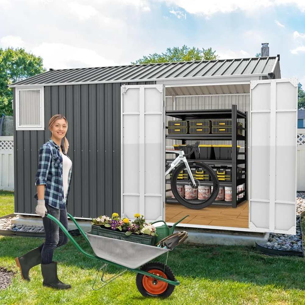 منازل جاهزة 8 × 12 قدم سقيفة تخزين خارجية سقيفة حديقة أداة تخزين الدراجة مع إطار معدني وباب قابل للقفل للفناء Ss #1