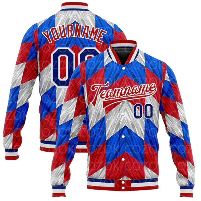 

Custom rhomboid pattern 3D Printed Baseball Button Jacket Bomber Full-Snap Varsity Letterman Jacket