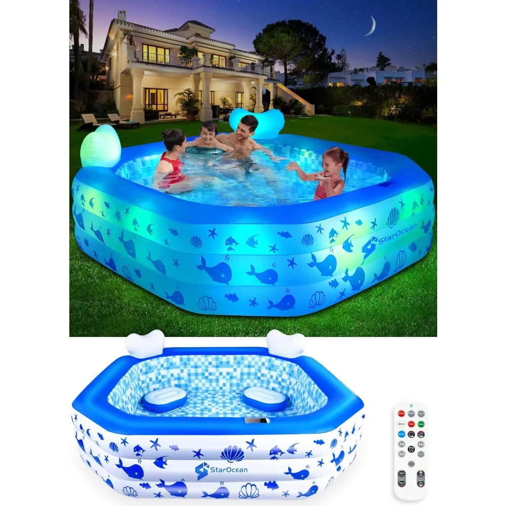 Piscine gonflable avec lumières, piscine gonflable solaire 2024 pour enfants et adultes, sauter avec télécommande, grande piscine pour enfants