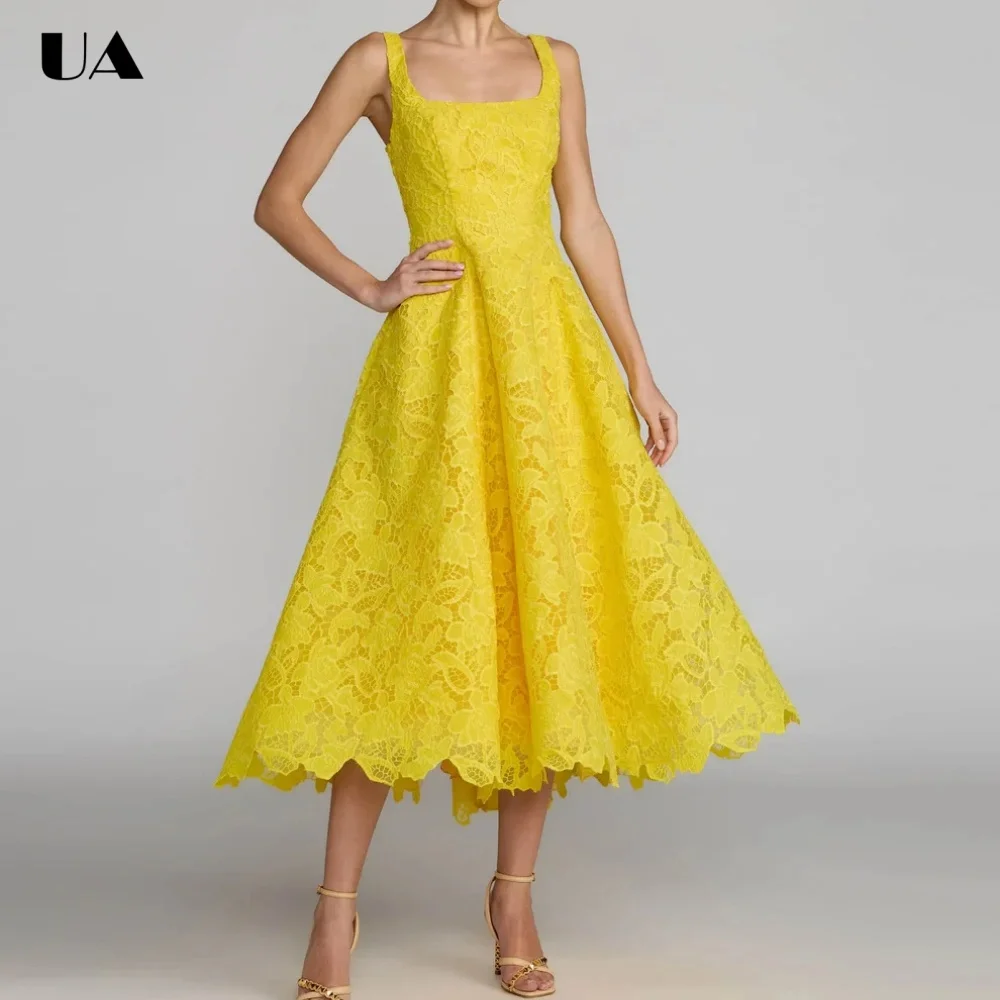 

ULBYANRY Customized Lace A-line Square Neck Prom Dresses for Women, Elegant Sleeveless Evening Dress, Trendy Pocket Party Dress